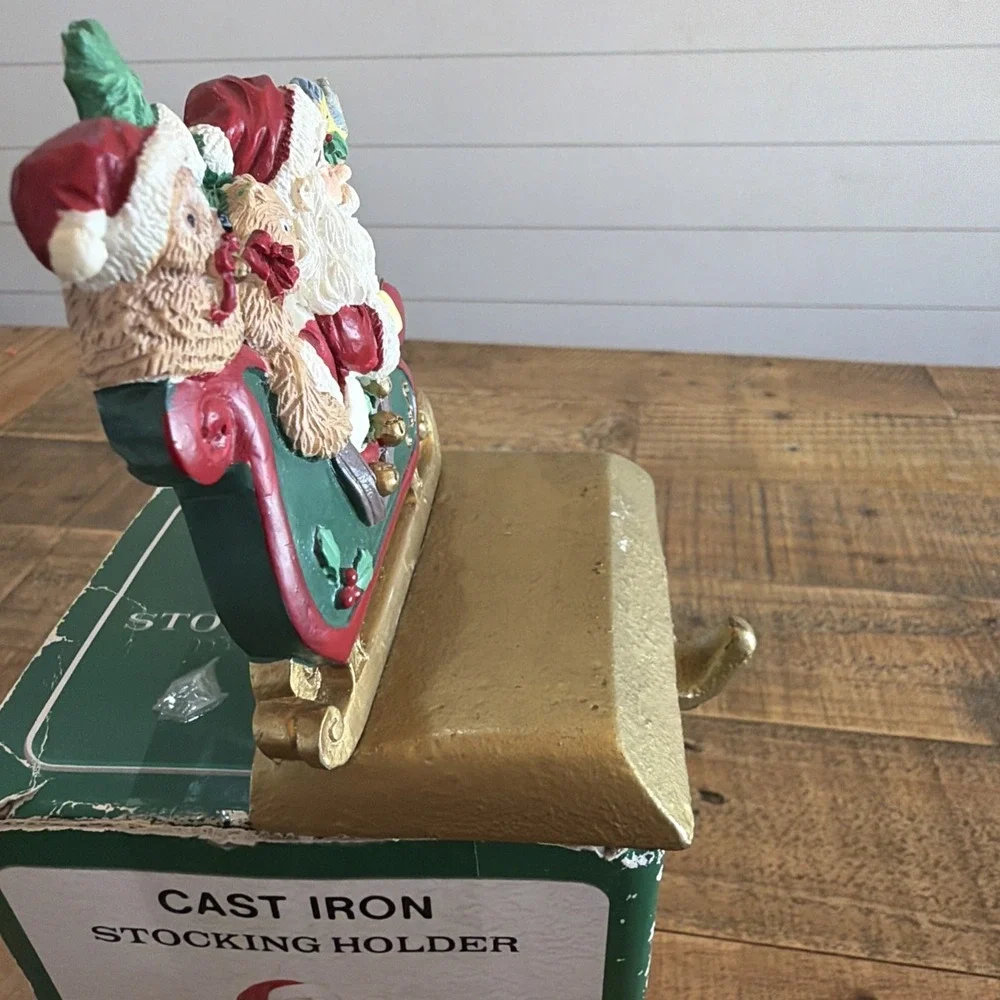 Cast Iron Base Santa On Sleigh With Birds Christmas Stocking Holder Vintage